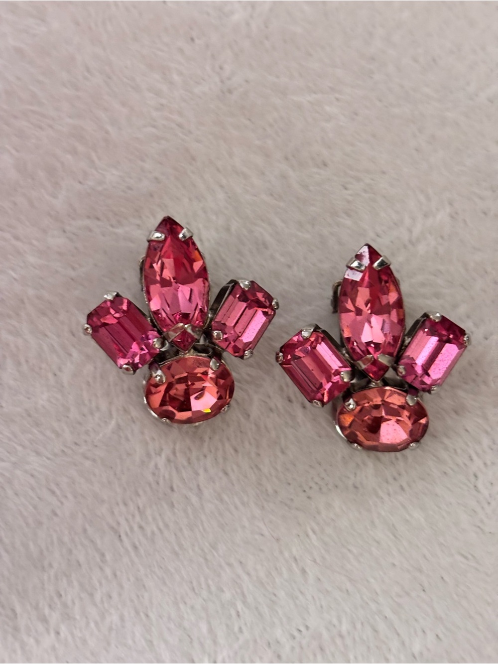 Vintage Signed SCHREINER Pink Rhinestone Clip On Earrings Statement Jewelry